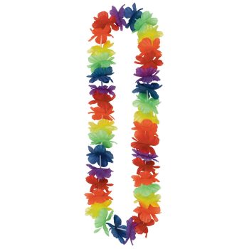 Colorful Hawaiian lei with artificial flowers.