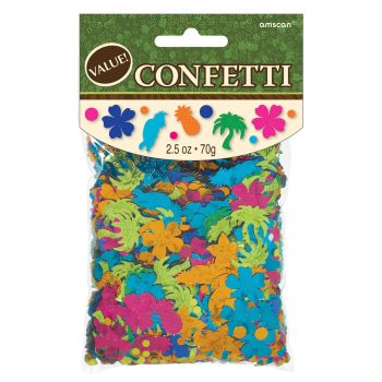 Colorful tropical-themed confetti in plastic packaging.