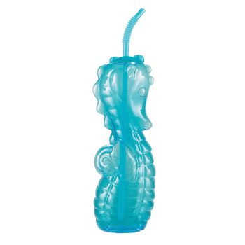 Blue seahorse-shaped bottle with straw.