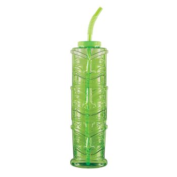 Green tiki-themed tumbler with a straw.