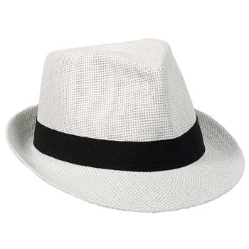 White fedora hat with black band.