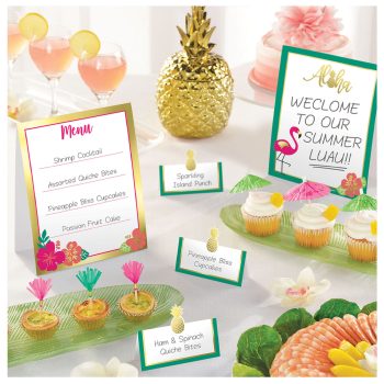 Summer luau table with tropical decorations.