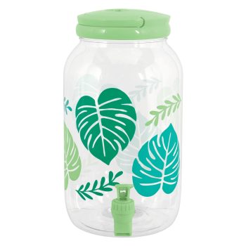 Leaf-patterned beverage dispenser with green lid.