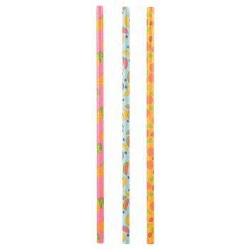 Colorful patterned straws against white background.