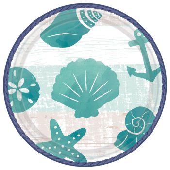 Nautical-themed plate with shells and anchor.