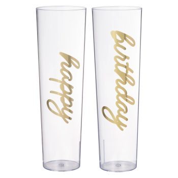 SALE - Metallic Gold Happy Birthday Plastic Stemless Champagne Flutes, 9oz, 2ct - Golden Age