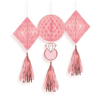 Blush & Rose Gold Honeycomb Decorations with Tails 3ct