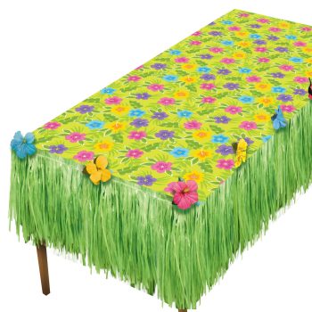 Summer Flower Plastic Table Cover & Green Faux Grass Fringe Table Skirt Set