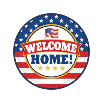 A patriotic welcome home emblem with stars and stripes.