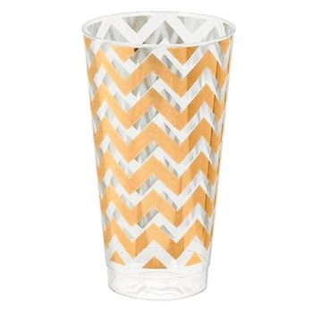 Clear cup with orange chevron pattern.