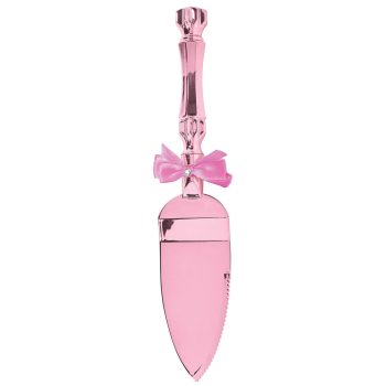Pink garden trowel with a bow on the handle.