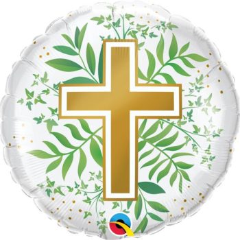 Golden cross with green leaves on a decorative white background.