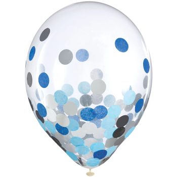 Clear balloon filled with blue, silver, and black confetti dots.