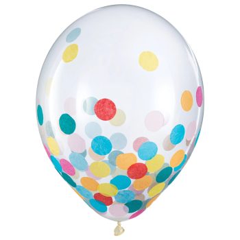 A clear balloon filled with colorful confetti dots.