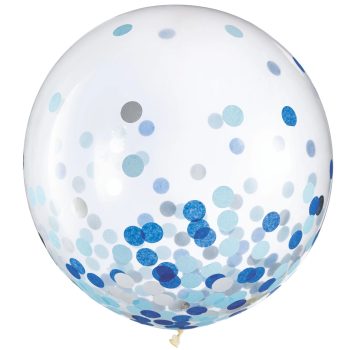Clear balloon filled with blue and gray confetti dots.