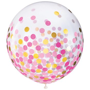 A transparent balloon filled with colorful pink, yellow, and gold confetti dots.