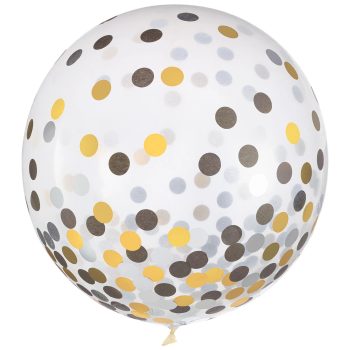Transparent balloon with gold, black, and silver confetti dots inside.