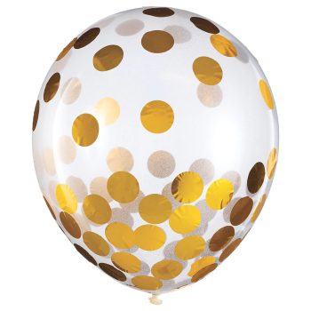 Transparent balloon filled with gold and brown confetti dots.