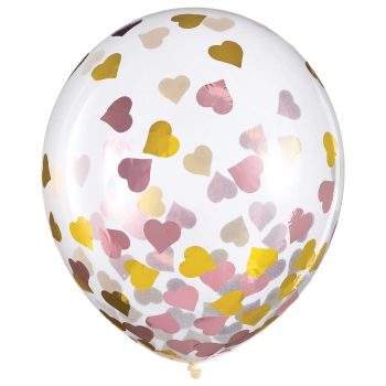 Clear balloon filled with colorful heart-shaped confetti.