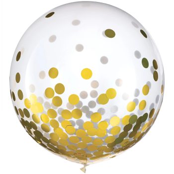 Clear balloon with gold and silver confetti inside.