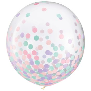 A transparent balloon filled with pastel-colored confetti.