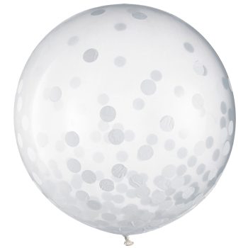 A transparent balloon filled with silver confetti dots.