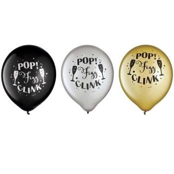 Happy New Year Printed Latex Balloons - Black, Silver, Gold 15ct
