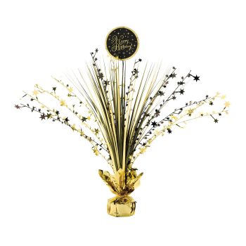 Gold birthday centerpiece with stars and sign.
