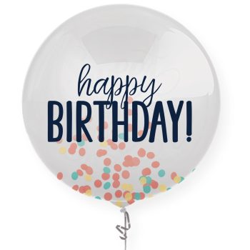 A white balloon with 'happy BIRTHDAY!' and colorful confetti inside.