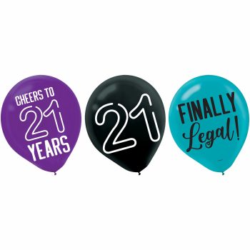 Purple, black, teal balloons celebrating 21st birthday.