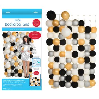 A colorful backdrop grid made of black, white, gold, and silver balloons.