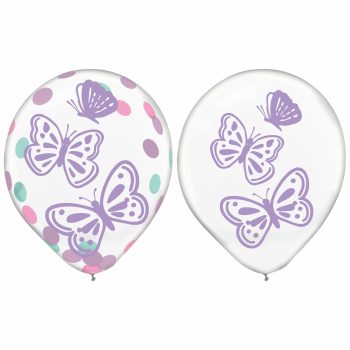 Butterfly-themed balloons with colorful dots.