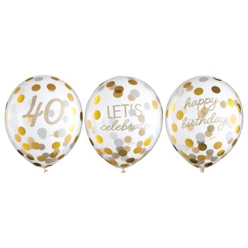 Gold polka dot balloons with celebratory messages.
