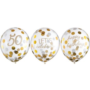 Three balloons with gold and silver text.