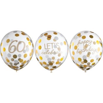 Gold and white birthday balloons with text.