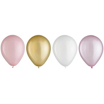 Four pastel-colored balloons in pink, gold, white, and lavender.