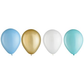 Four pastel-colored balloons in blue, gold, white, and teal.