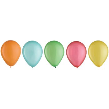 Five colorful balloons lined up in a row.