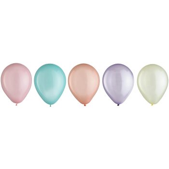 Five pastel-colored balloons in a row on a white background.