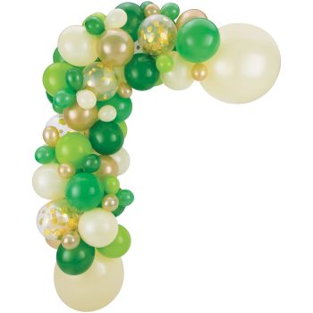 A green, gold, and white balloon garland arranged in a crescent shape.