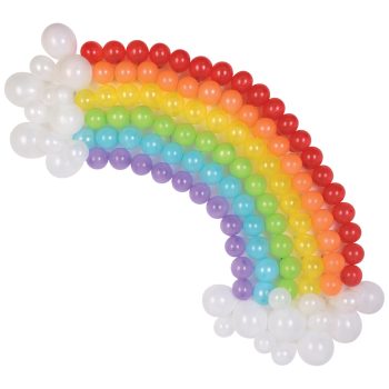 A colorful rainbow made of balloons with white clouds at both ends.