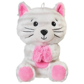 A cute gray and pink plush cat holding a pink heart.
