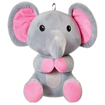 Cute gray and pink stuffed elephant toy with big ears and bow tie.