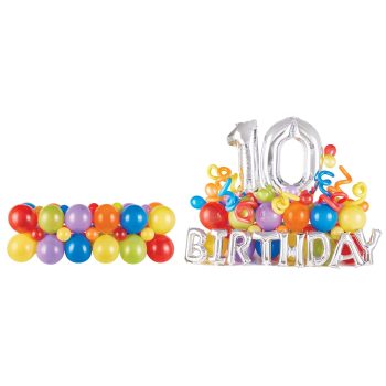 Colorful balloon garland and 10th birthday decorations with candles.
