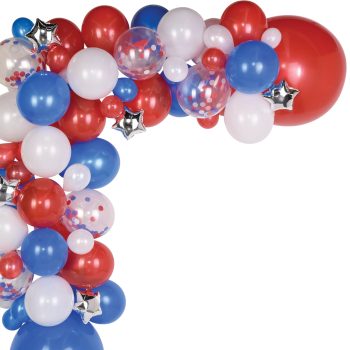 Red, white, and blue balloon decoration arch.