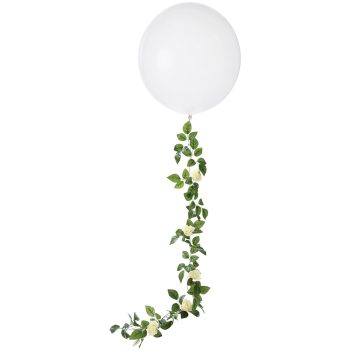 White balloon with trailing green ivy garland.