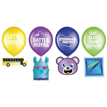 Colorful balloons with gaming-themed phrases and icons.