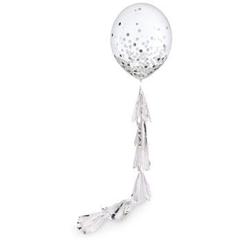 Transparent balloon with silver confetti and long tassel tail.