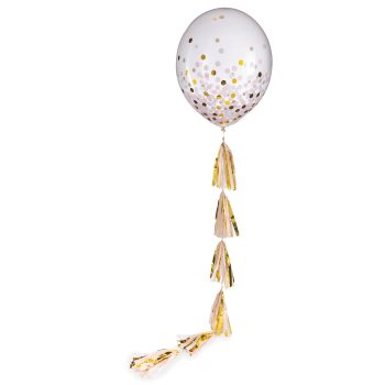 Transparent balloon with gold confetti and tassel garland.