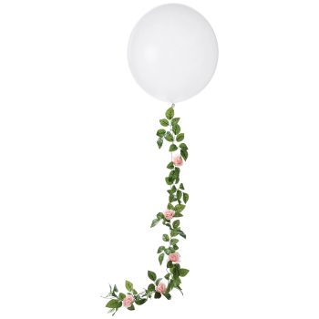 White balloon with a trailing vine of green leaves and pink flowers.